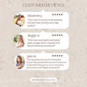 May include: A customer review graphic featuring the text CUSTOMER REVIEWS at the top and three white speech bubble boxes. Each box contains a five-star rating, a circular portrait, a name, and a written testimonial. The background has a light beige floral line art pattern and the website address faith-bloom-co.square.site is at the bottom.