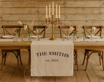 Custom Wedding Table Runner, Personalized Last Name & Est. Date Sign, Linen Head Table Decor, Sweetheart Table Banner, Wedding Decor
