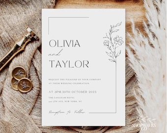 May include: A wedding invitation with the names "OLIVIA and TAYLOR" in elegant typography. The invitation includes the date, time, and location: The Langham Hotel, 400 5th Ave, New York, NY. A floral illustration and a wax seal are also visible.