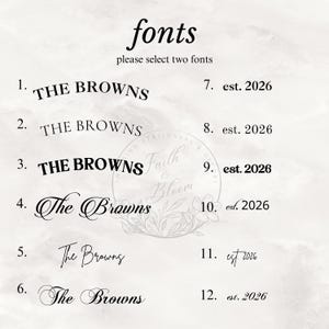 May include: A font selection chart featuring the heading fonts and the instruction please select two fonts. The list displays twelve numbered options showing the text THE BROWNS or est. 2026 in various black typefaces, including serif, sans-serif, and script styles.