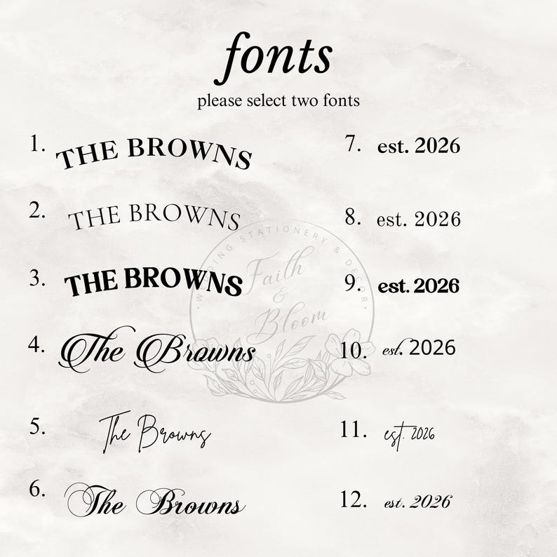 May include: A font selection chart featuring the heading fonts and the instruction please select two fonts. The list displays twelve numbered options showing the text THE BROWNS or est. 2026 in various black typefaces, including serif, sans-serif, and script styles.