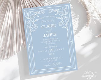 Blue Floral Wedding Invitation Suite: Elegant Custom Stationery