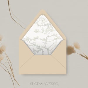 Forro de sobre con estampado floral de Toile, color verde salvia, para invitaciones de boda, tamaño A7, elegante inserto de papelería DIY, forro de sobre estilo vintage.