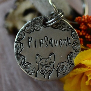 Freya floral / custom hand stamped dog tag, personalized metal pet ID tag, name tag, key chain, french bulldog, frenchie
