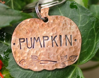 Pumpkin patch / hand stamped dog name tag, personalized metal pet ID tag, halloween, fall, autumn
