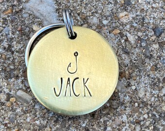 Hooked / custom hand stamped beach dog tag, personalized metal pet ID tag, fishing keychain