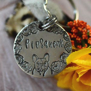 Freya floral / custom hand stamped dog tag, personalized metal pet ID tag, name tag, key chain, french bulldog, frenchie