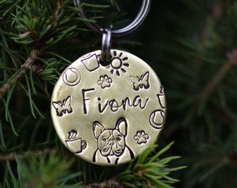 Fiona Frenchie tag / custom hand stamped dog tag, personalized metal pet ID tag, name tag, key chain, french bulldog