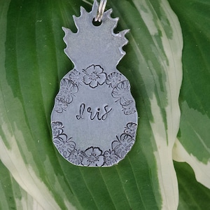 The Maggie / pineapple custom hand stamped beach dog tag, personalized metal pet ID tag, hibiscus aloha keychain
