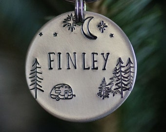 Under the stars / camping / hand stamped dog name tag, metal pet ID tag, keychain