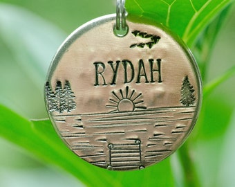 Down by the dock / custom hand stamped dog tag, personalized metal pet ID tag /  lake / fishing / name tag / key chain