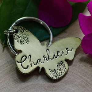 Tropical butterfly / hand stamped custom dog or cat tag, personalized metal pet ID tag, name tag, keychain