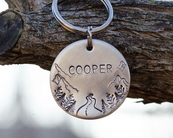 The open road / custom hand stamped dog / pet ID tag, travel keychain, road trip / muddy paws and tumbleweeds