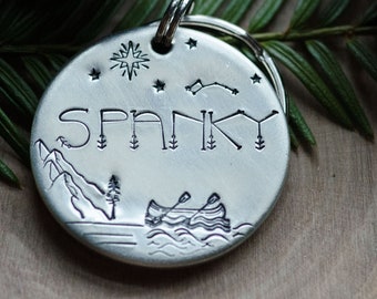 Moonlight adventure / custom hand stamped dog tag, personalized metal pet ID tag / lake / name tag / key chain