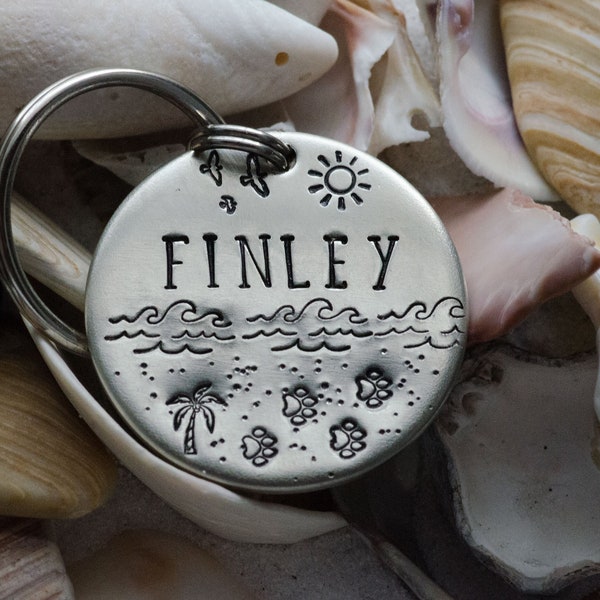 Willow Beach / Placa de identificación para perro personalizada con sello a mano, placa de identificación metálica personalizada para mascotas / paraíso / océano / llavero