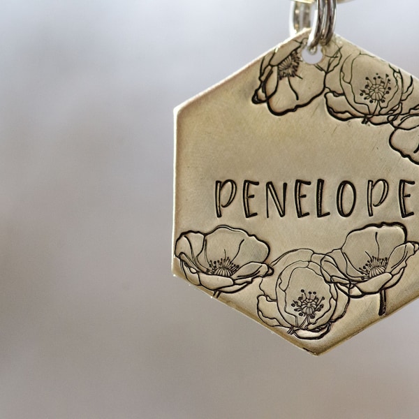 Poppies dog tag, personalized pet ID tag / dog name tag, floral keychain