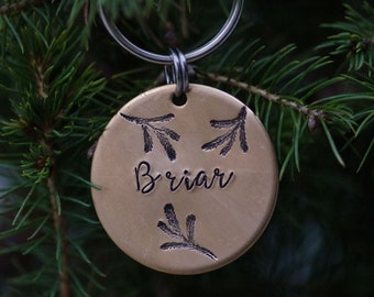 Under the pines / custom hand stamped dog tag, personalized metal pet ID tag, trout / fishing, hammered metal / name tag / key chain