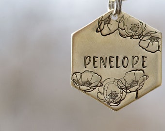 Poppies dog tag, personalized pet ID tag / dog name tag, floral keychain