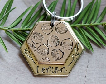 Lemon drop dog tag - personalized metal pet ID tag, name tag, lemons keychain, double tag