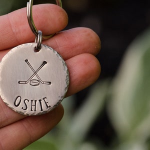 Hockey dog / hand stamped pet ID tag / metal dog tag / custom keychain