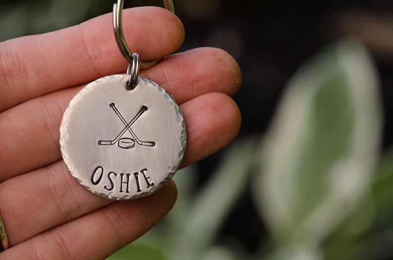 Hockey dog / hand stamped pet ID tag / metal dog tag / custom keychain Silver