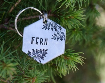 Fern leaf / custom hand stamped dog tag, personalized metal pet ID tag, name tag, key chain