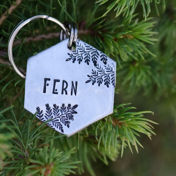 Fern leaf / custom hand stamped dog tag, personalized metal pet ID tag, name tag, key chain