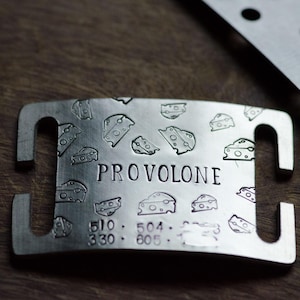 Cheese please! Dog name tag - collar slide / hand stamped metal pet ID tag, foodie, cheese