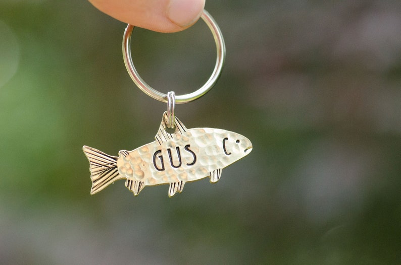 Fish are friends, not food /hand stamped custom dog tag, personalized metal pet ID tag, name tag / fishing keychain Gold, font 2