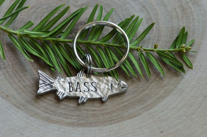 Fish are friends, not food /hand stamped custom dog tag, personalized metal pet ID tag, name tag / fishing keychain Silver, font 2