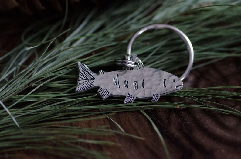Fish are friends, not food /hand stamped custom dog tag, personalized metal pet ID tag, name tag / fishing keychain Silver, font 1