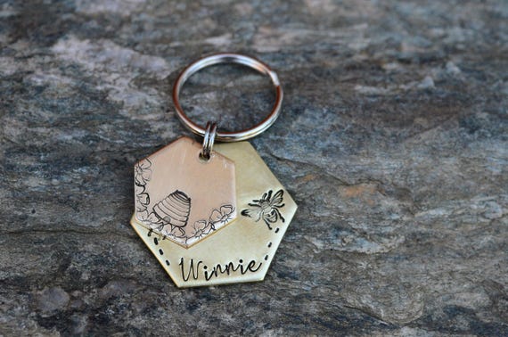 Honeycomb / personalized dog tag / metal pet ID name tag / queen bee double tag / muddy paws and tumbleweeds