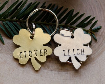 4 leaf clover  *hand stamped dog tag, personalized metal pet ID name tag, lucky, custom keychain, irish luck