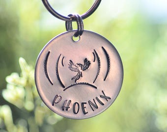 Phoenix steigt - handgestempelte Hundemarke oder Tiermarke aus Metall
