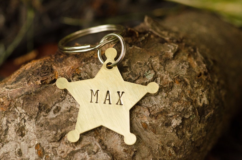 May include: A gold-colored star-shaped dog tag with the name "MAX" engraved on it. The tag is attached to a silver key ring.