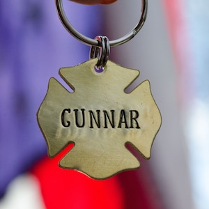 Fire fighter or sheriff personalized dog tag / fire dog metal pet ID name tag / Maltese cross