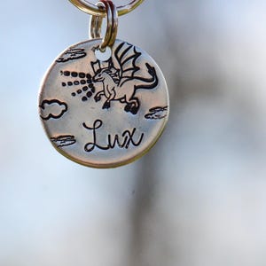 Dragons - hand stamped pet ID tag /metal dog tag, dragons and clouds