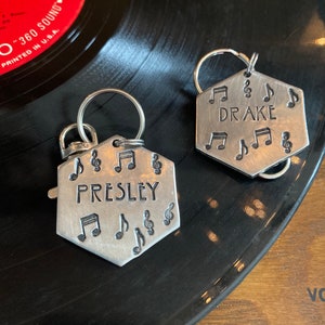 Peut inclure: Deux médaillons hexagonaux en argent pour chien avec des notes de musique et les noms "PRESLEY" et "DRAKE" gravés dessus. Les médaillons sont sur un disque vinyle noir.