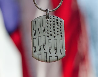 Land of the free  / custom hand stamped dog tag, personalized metal pet ID tag, keychain, USA, American military flag
