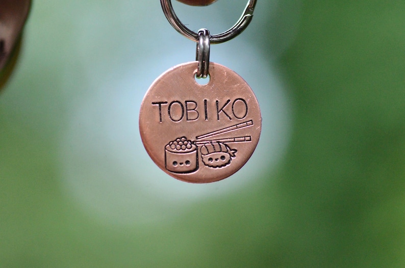 K&ouml;nnte beinhalten: Eine runde, kupferfarbene Haustier-Marke mit dem Wort "TOBIKO" oben eingraviert. Darunter befinden sich Illustrationen von Sushi und Essst&auml;bchen. Die Marke ist an einem silberfarbenen Ring befestigt.
