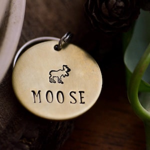MOOSE / custom hand stamped dog tag, personalized metal pet ID tag, hammered metal, name tag, keychain