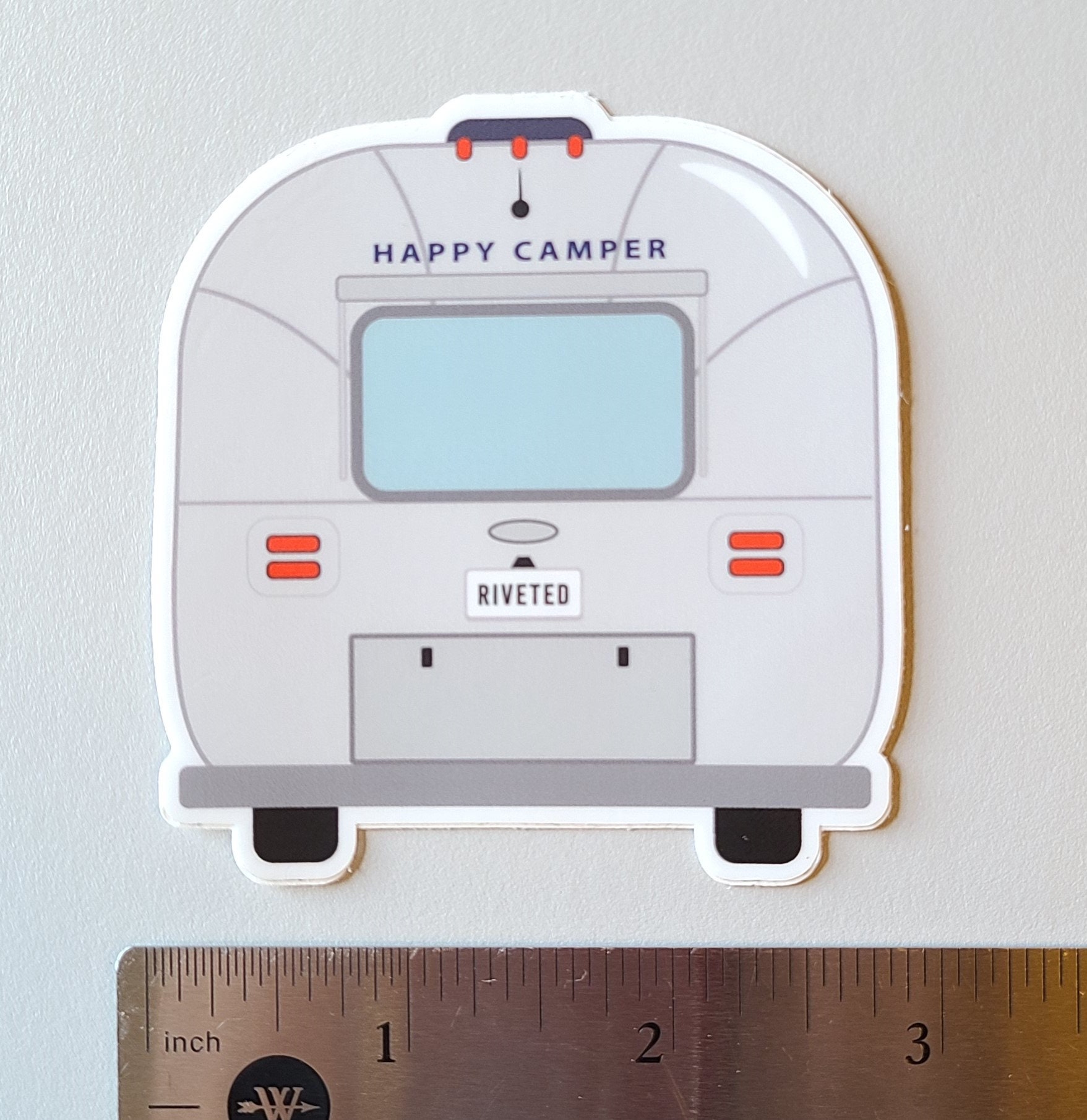 Airstream Happy Camper Riveted Vinyl Die Cut Decal Sticker Camping Yeti