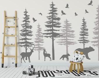Bear Wall Stickers Woodland Animal Wall Decal Bear Wall Mural Pine Tree Wall Decal Woodland Nursery Themed Bedroom Decor NS2151