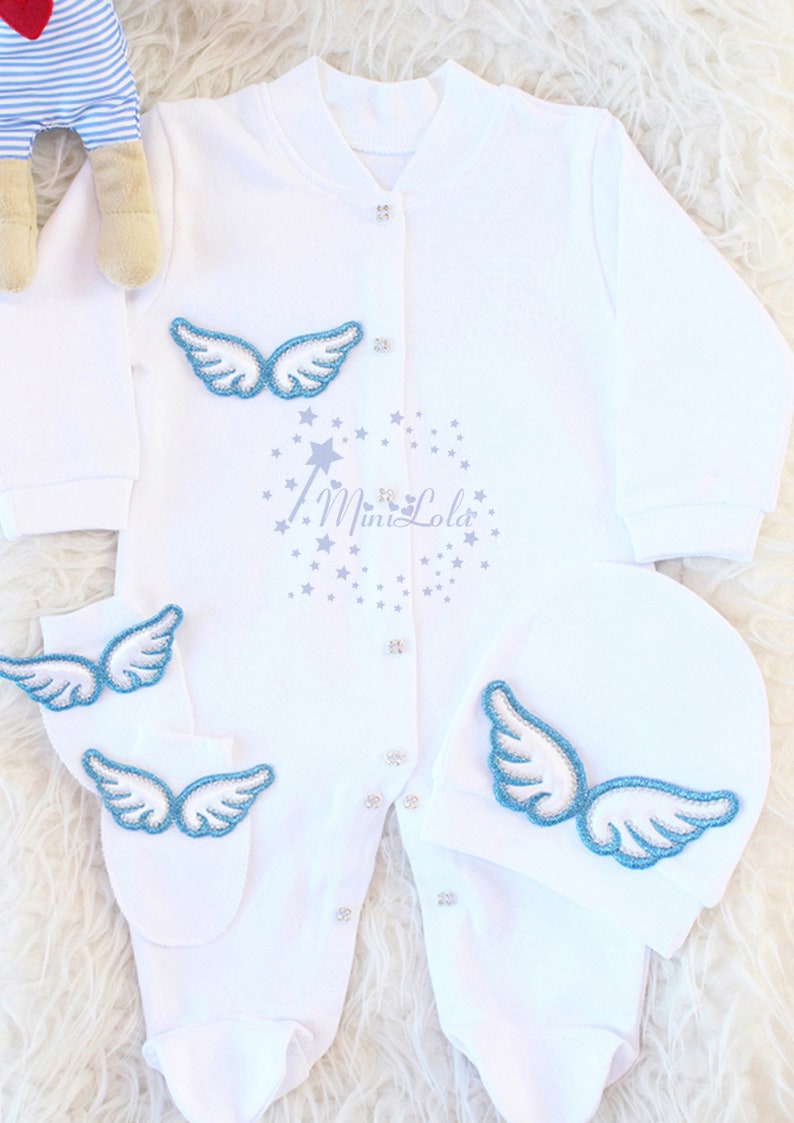 Baby Coming Home Outfit Baby Boy silvery blue Wings personalized Personalized Silver Angel Baby Boy Romper Set Embroidery name baby gift