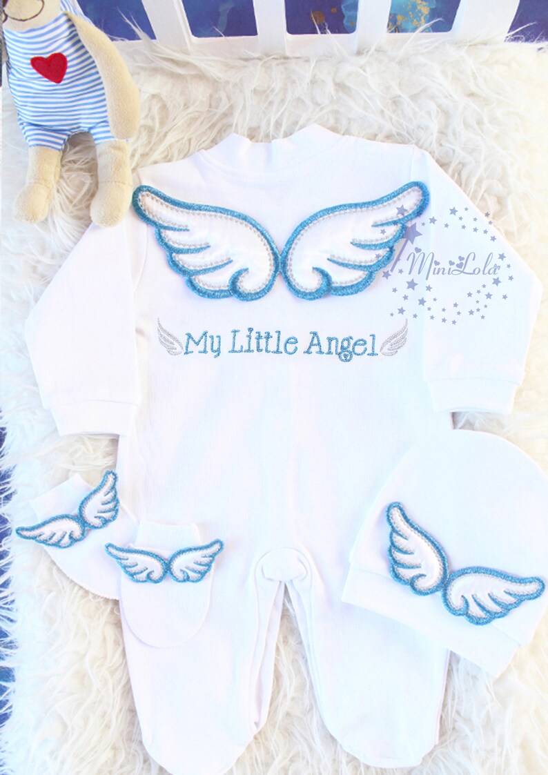 Baby Coming Home Outfit Baby Boy silvery blue Wings personalized Personalized Silver Angel Baby Boy Romper Set Embroidery name baby gift