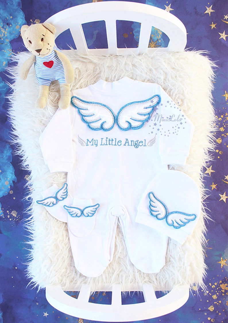 Baby Coming Home Outfit Baby Boy silvery blue Wings personalized Personalized Silver Angel Baby Boy Romper Set Embroidery name baby gift