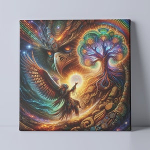 Eagle Spirit Tree of Life CANVAS PRINT, Visionary Art, Psychedelic, Shamanic, Divine Connection, Spirit Journey, Mystic Shaman, Glyphs
