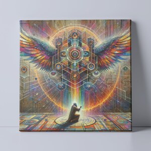 May include: A colorful abstract painting with a geometric design and a figure kneeling in the center. The painting features a large, multi-colored wingspan, a central geometric shape, and a figure kneeling in the center. The colors are vibrant and the design is intricate.