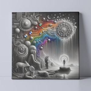 Shamanic Soul Machine Canvas Art Print, Rainbow Shipibo mystical Art, Techno Paganism, Visionary art, Psychedelic Art, Celestial Sacred Art