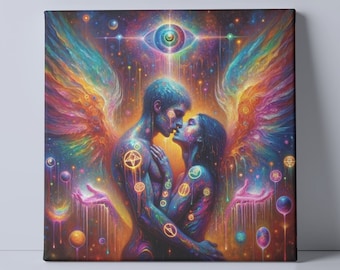 May include: A colorful painting of two figures embracing, surrounded by a cosmic background with stars, planets, and a large eye in the center. The figures are painted in a vibrant, abstract style with flowing lines and shapes.